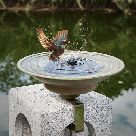 HLQMFHT solar bird bath on deck mount attracts birds and adds garden charm.