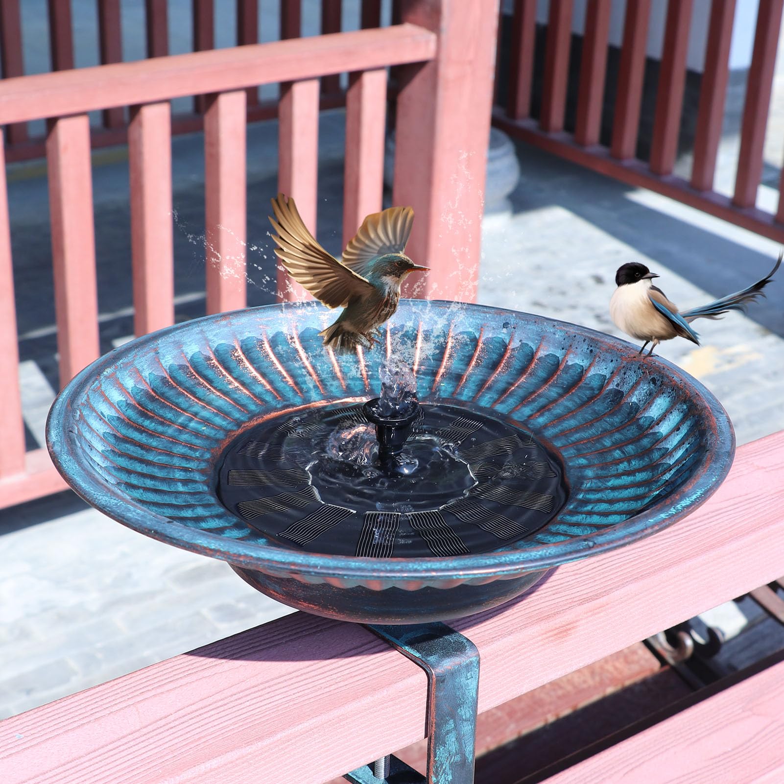 HLQMFHT solar bird bath fountain in sunlight attracting birds to the deck