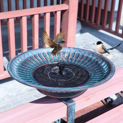 HLQMFHT solar bird bath fountain in sunlight attracting birds to the deck