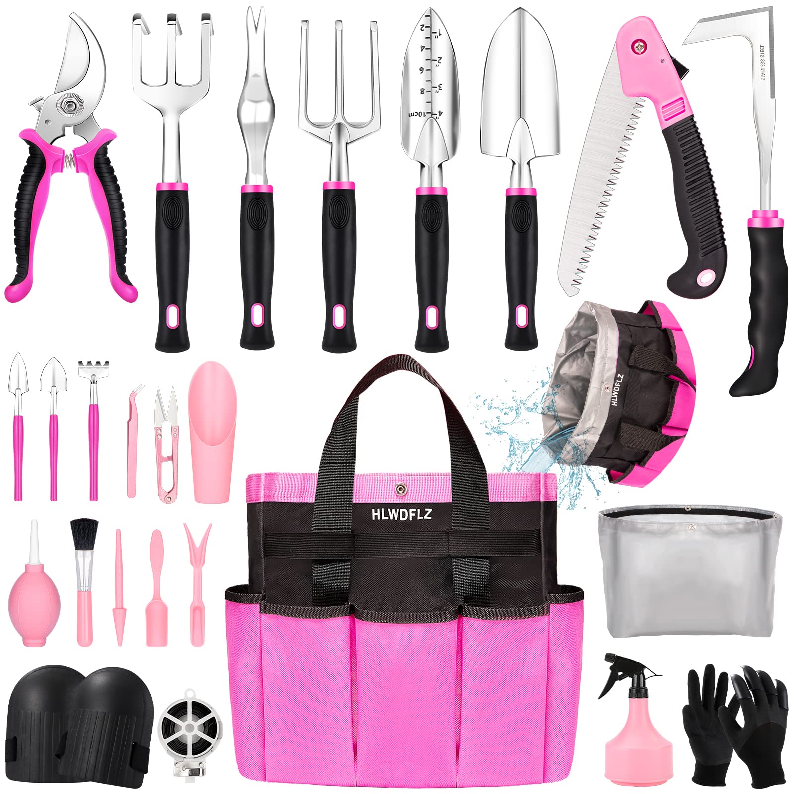 HLWDFLZ pink garden tool set with detachable-bag keeps tools organized