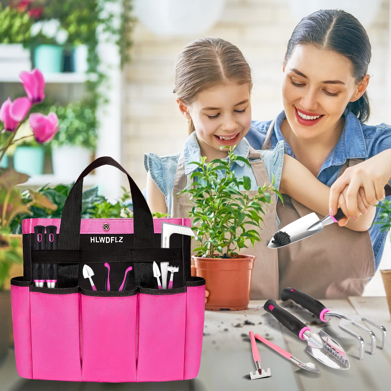 HLWDFLZ pink garden tool set with knee-pads for comfortable kneeling