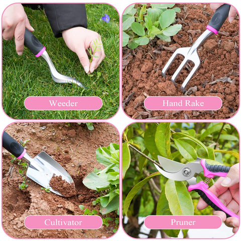 HLWDFLZ pink garden tool set with weeder removes weeds efficiently