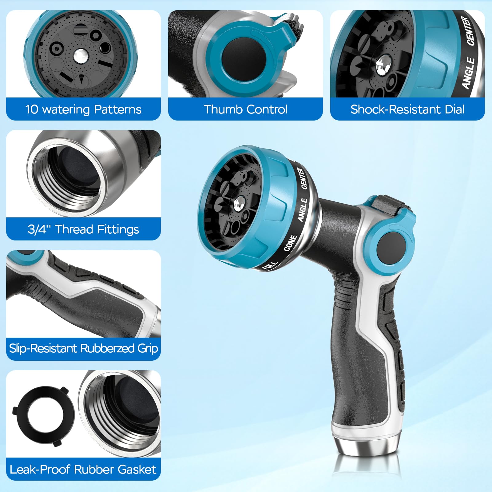 HmiL-U nozzle with 10 spray patterns showing versatile watering options for lawn and garden.
