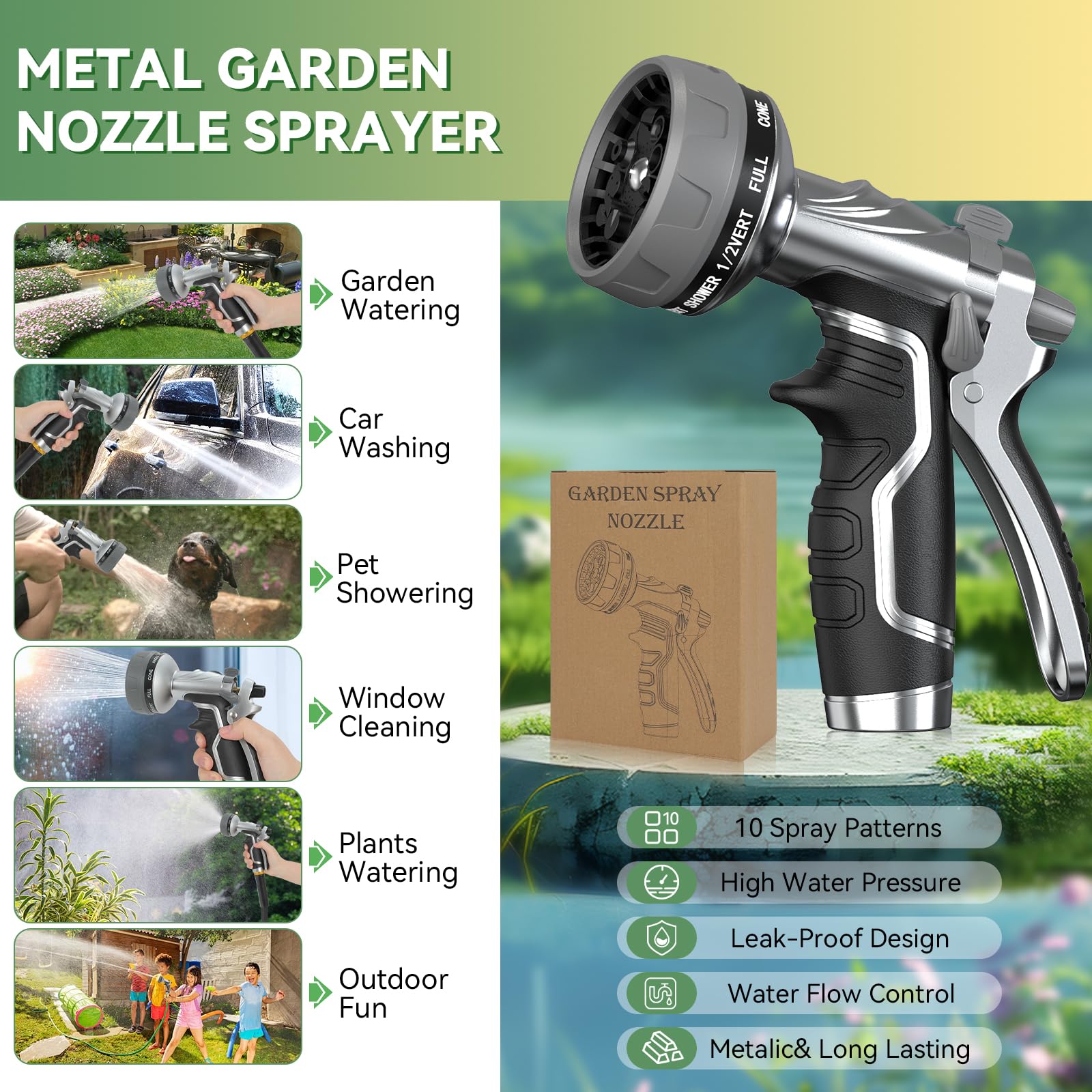 HmiL-U garden nozzle suits watering, cleaning patios, car washing.