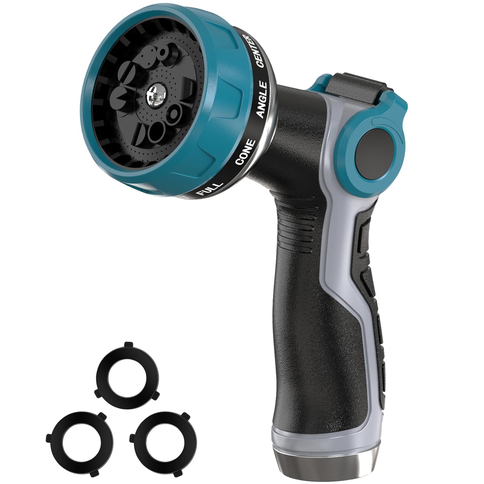 HmiL-U heavy-duty garden hose nozzle front view highlights rugged metal head and ergonomic grip for durable outdoor watering.