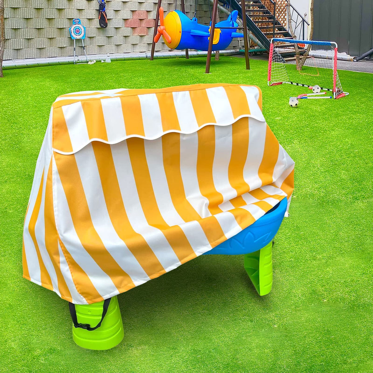 HMOCK Kids Water Table Cover shown fitting rain showers for outdoor play.
