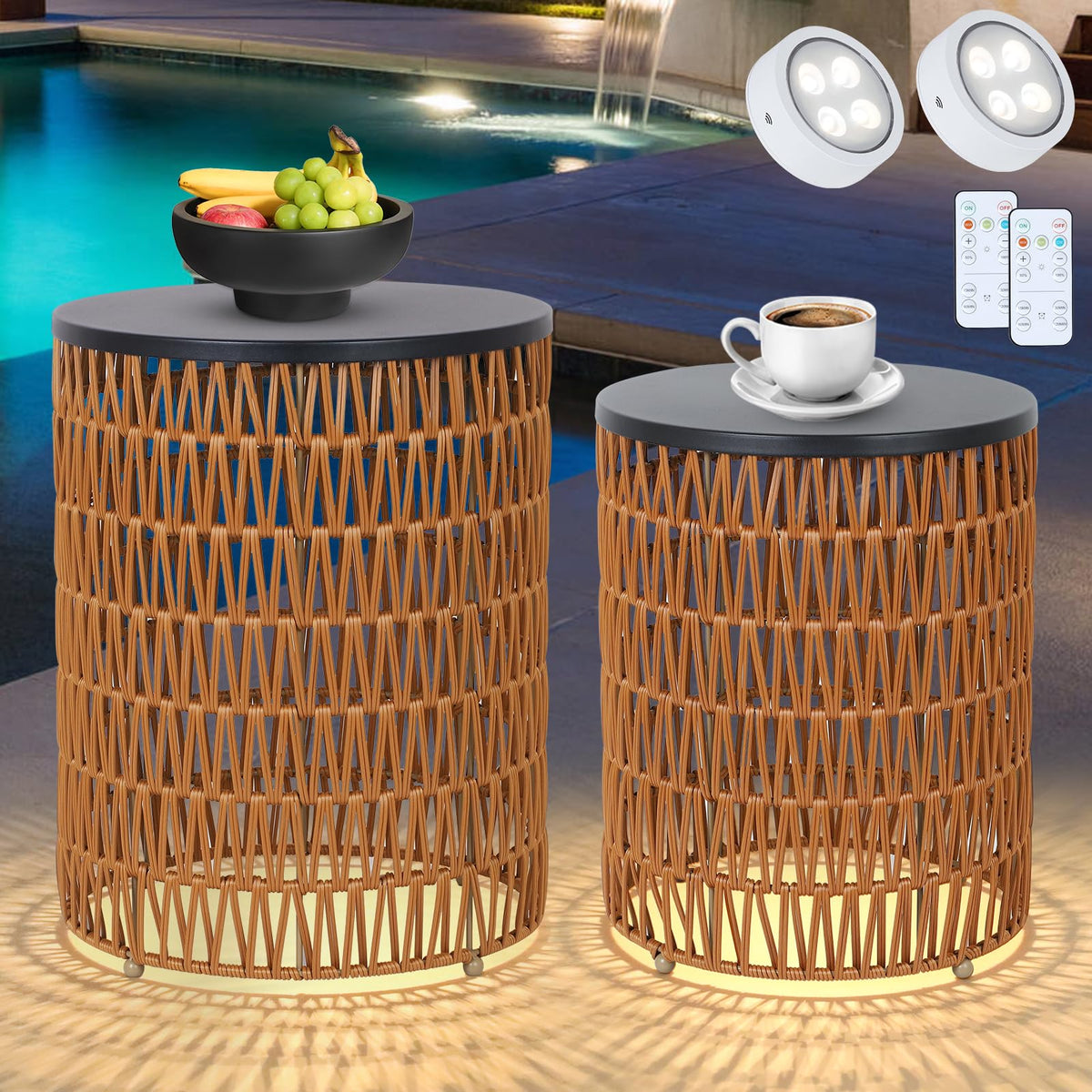 HMVPL outdoor side end table with dimmable light and remote for ambient evenings.