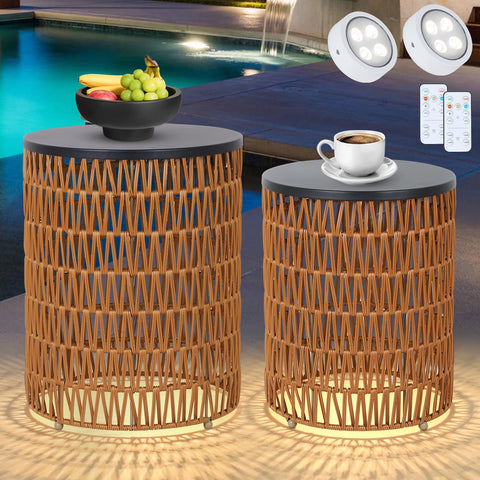 HMVPL outdoor side end table with dimmable light and remote for ambient evenings.
