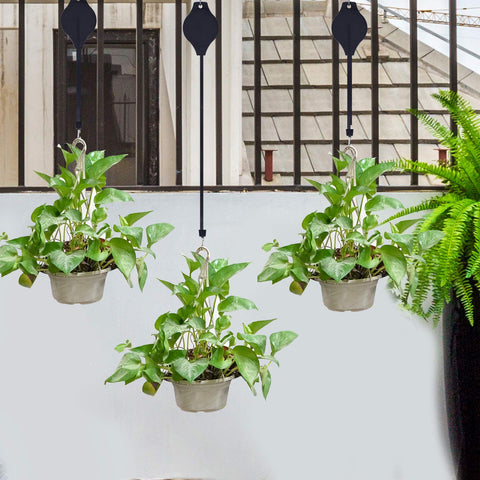 Hmxpls black plastic shell blends with garden décor and planters.