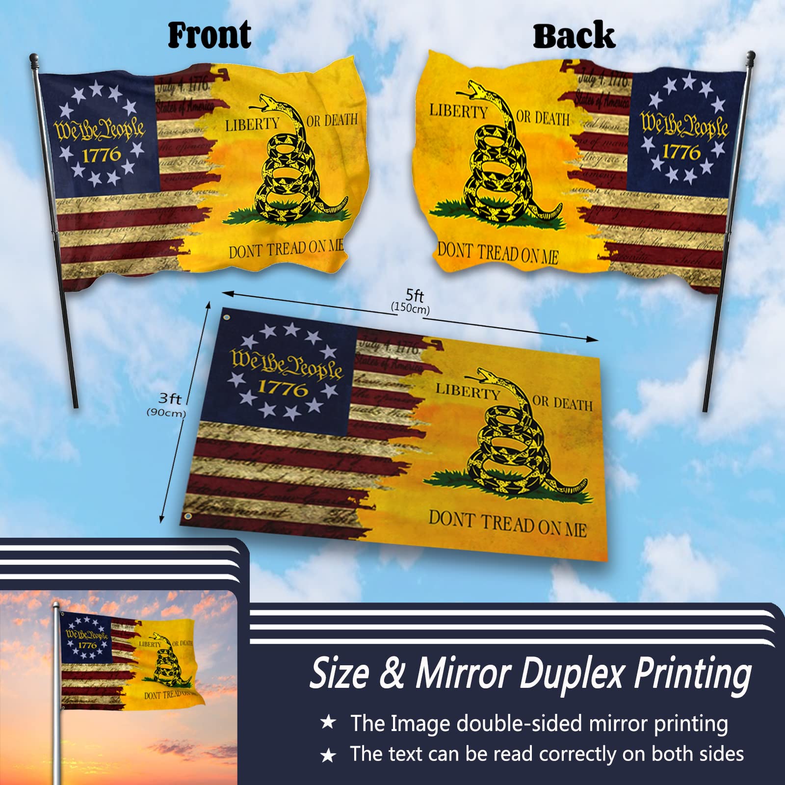 Hnjgno 1776 flag outdoor banner with mirror printing on both sides.