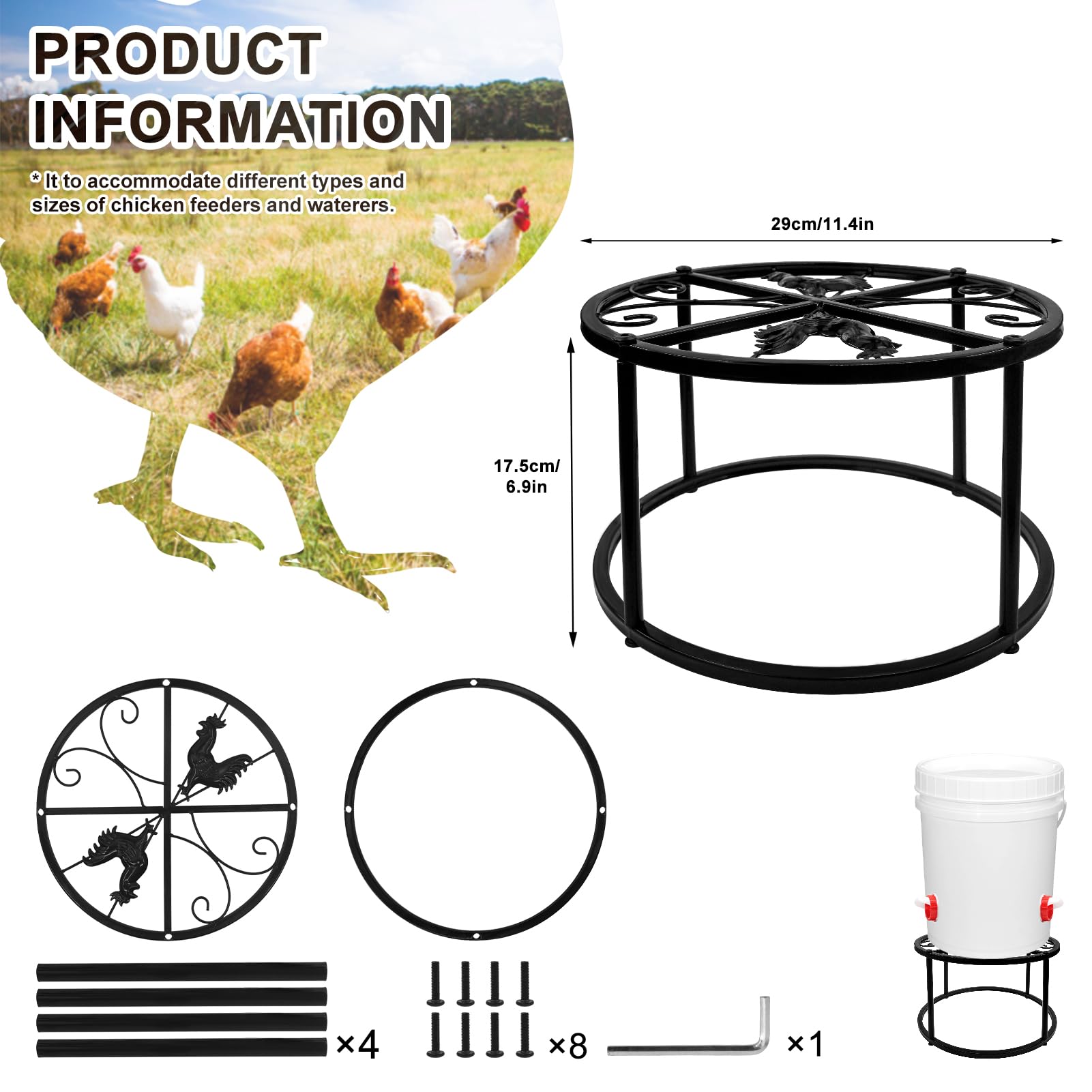 Stable round-base iron frame keeps your bucket from tipping in the coop.