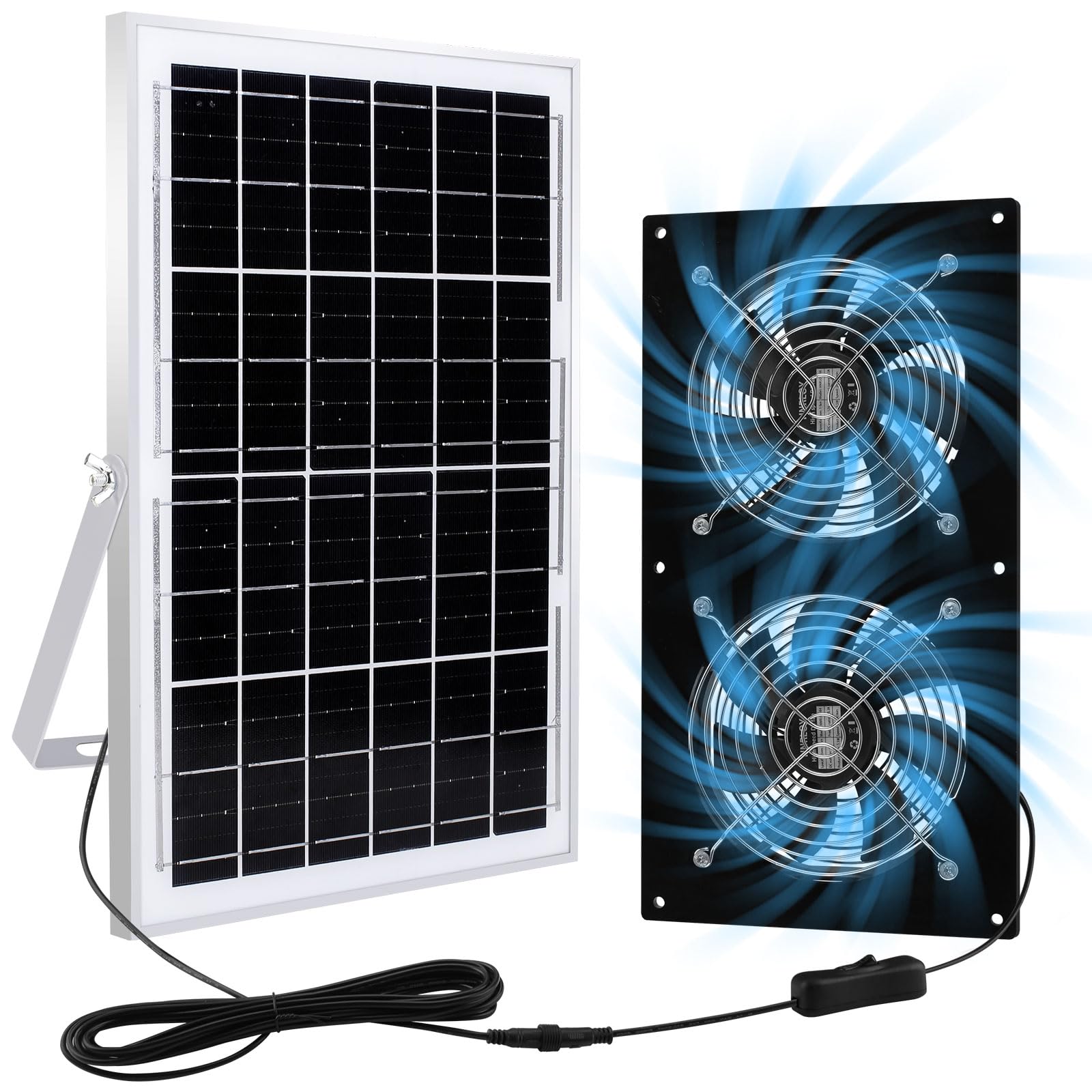 HNRLOY solar exhaust fan pair with 15W panel boosts outdoor airflow.