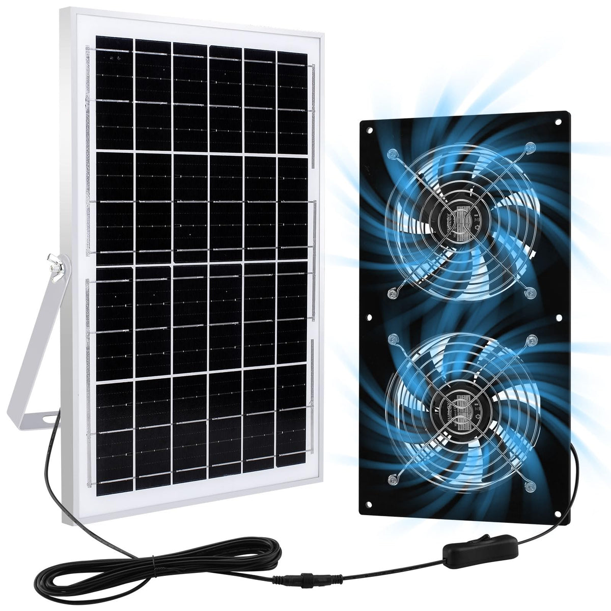 HNRLOY solar exhaust fan pair with 15W panel boosts outdoor airflow.
