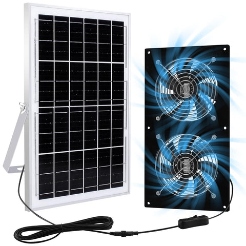 HNRLOY solar exhaust fan pair with 15W panel boosts outdoor airflow.