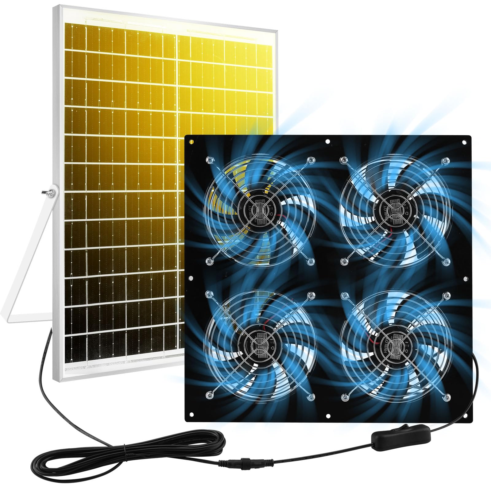 HNRLOY 25W solar panel powering four high-speed fans for efficient ventilation.