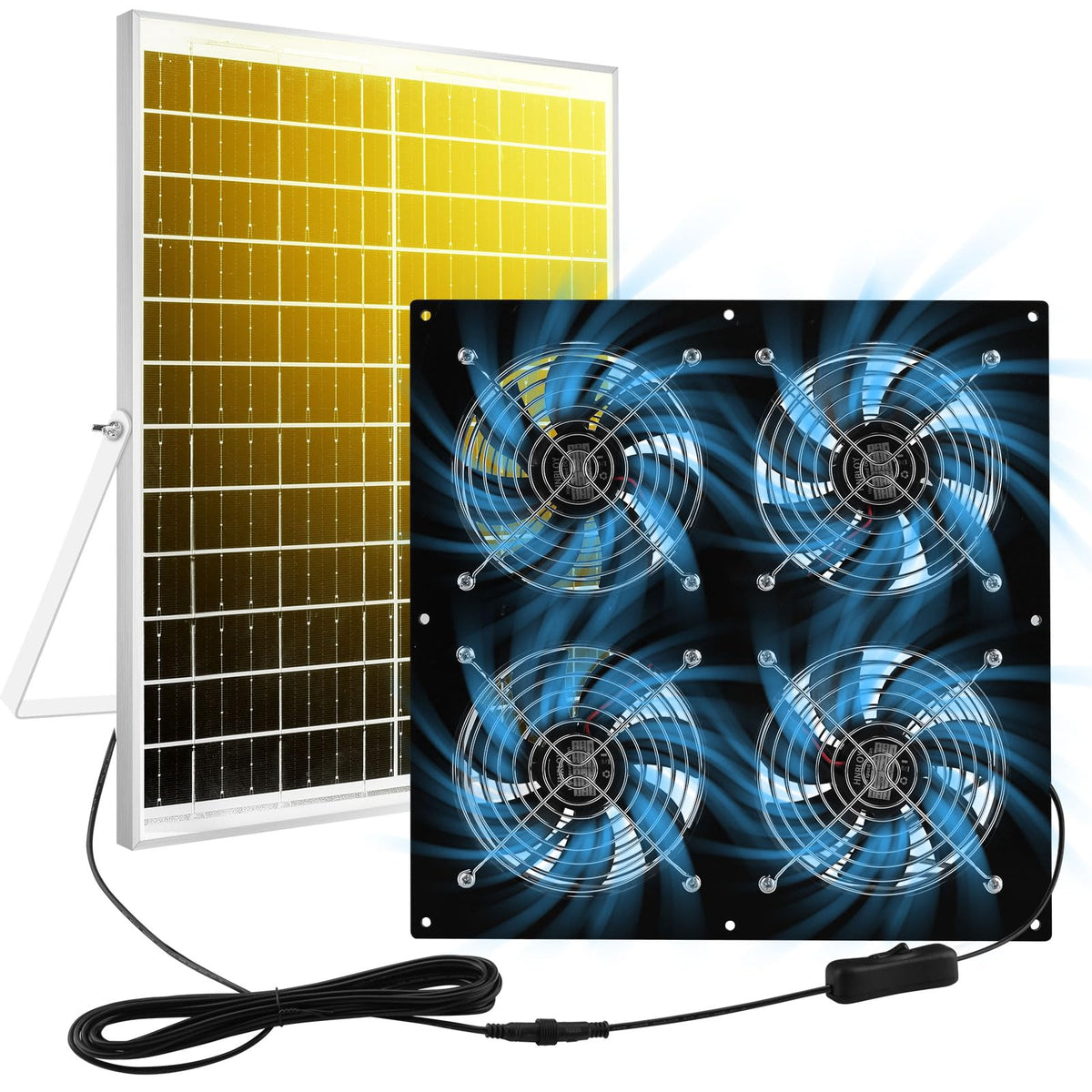 HNRLOY 25W solar panel powering four high-speed fans for efficient ventilation.