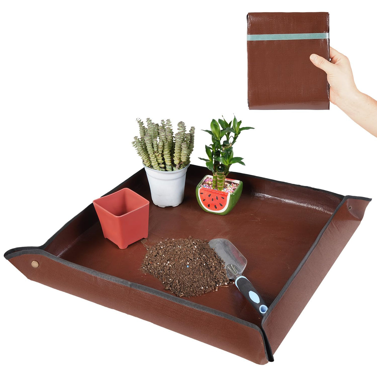 HNXTYAOB repotting mat 27 by 27 inches laid flat for clean transplanting and soil containment.