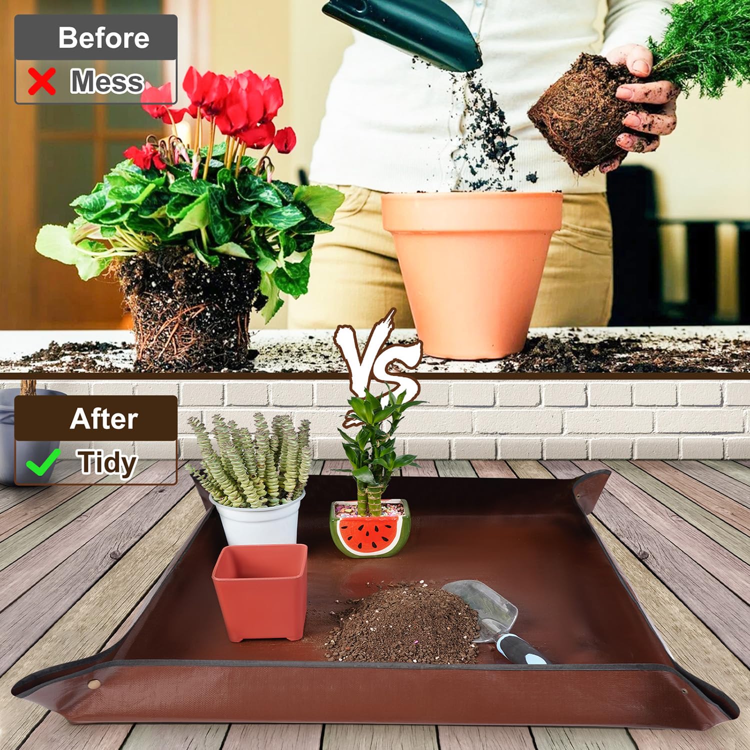 HNXTYAOB repotting mat folded compactly for portable indoor gardening on countertops.
