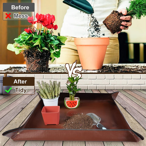 HNXTYAOB repotting mat folded compactly for portable indoor gardening on countertops.