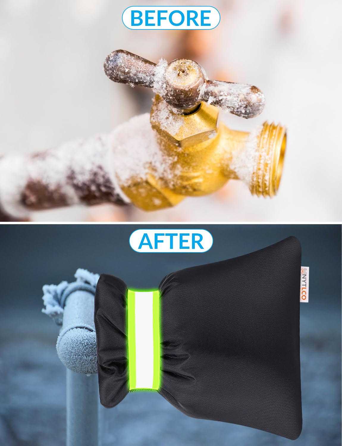 HNYTLCO winter faucet cover features flexible hook-and-loop straps for tool-free installation.