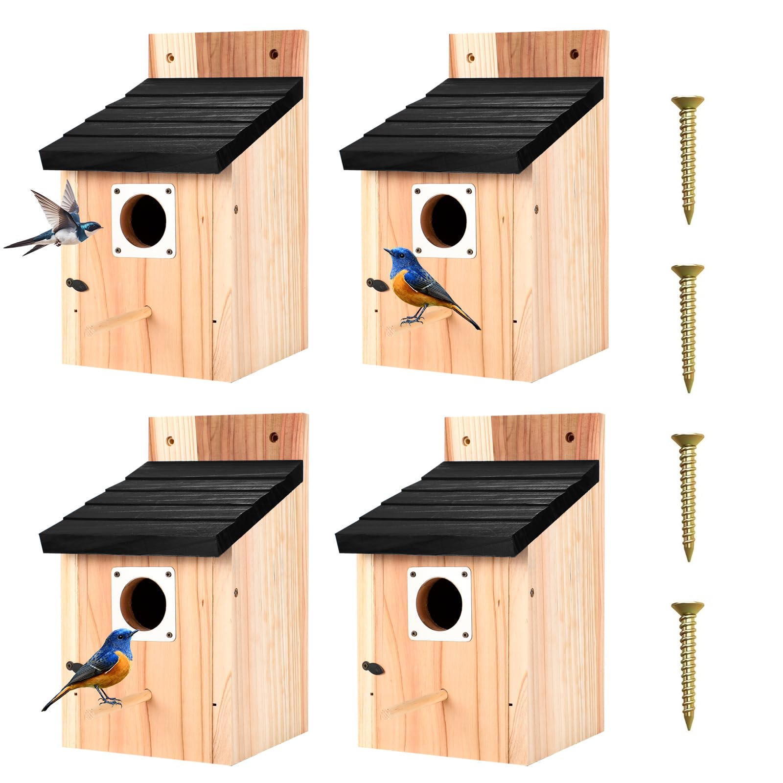 Hoamayya 4-pack black wooden birdhouses—front view for outdoor backyard birds.