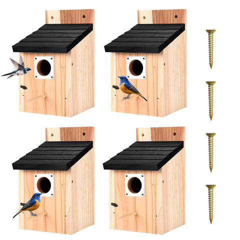 Hoamayya 4-pack black wooden birdhouses—front view for outdoor backyard birds.