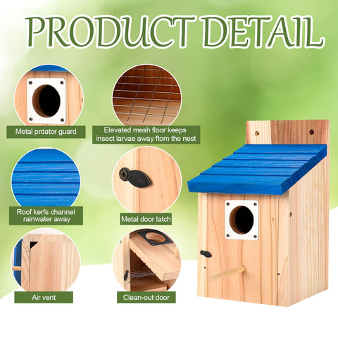 Hoamayya removable front panel enables easy annual cleaning of the birdhouse.