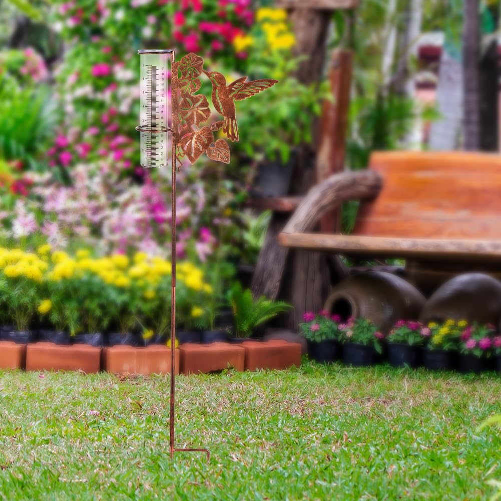 HOBYLUBY garden decor rain gauge with readable scale and charm.