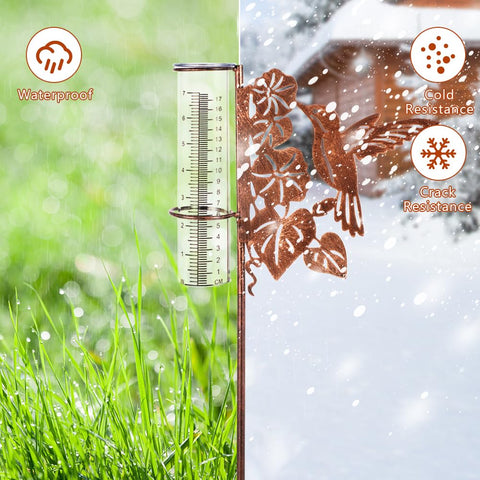 HOBYLUBY hummingbird metal stand supporting a durable rain gauge.