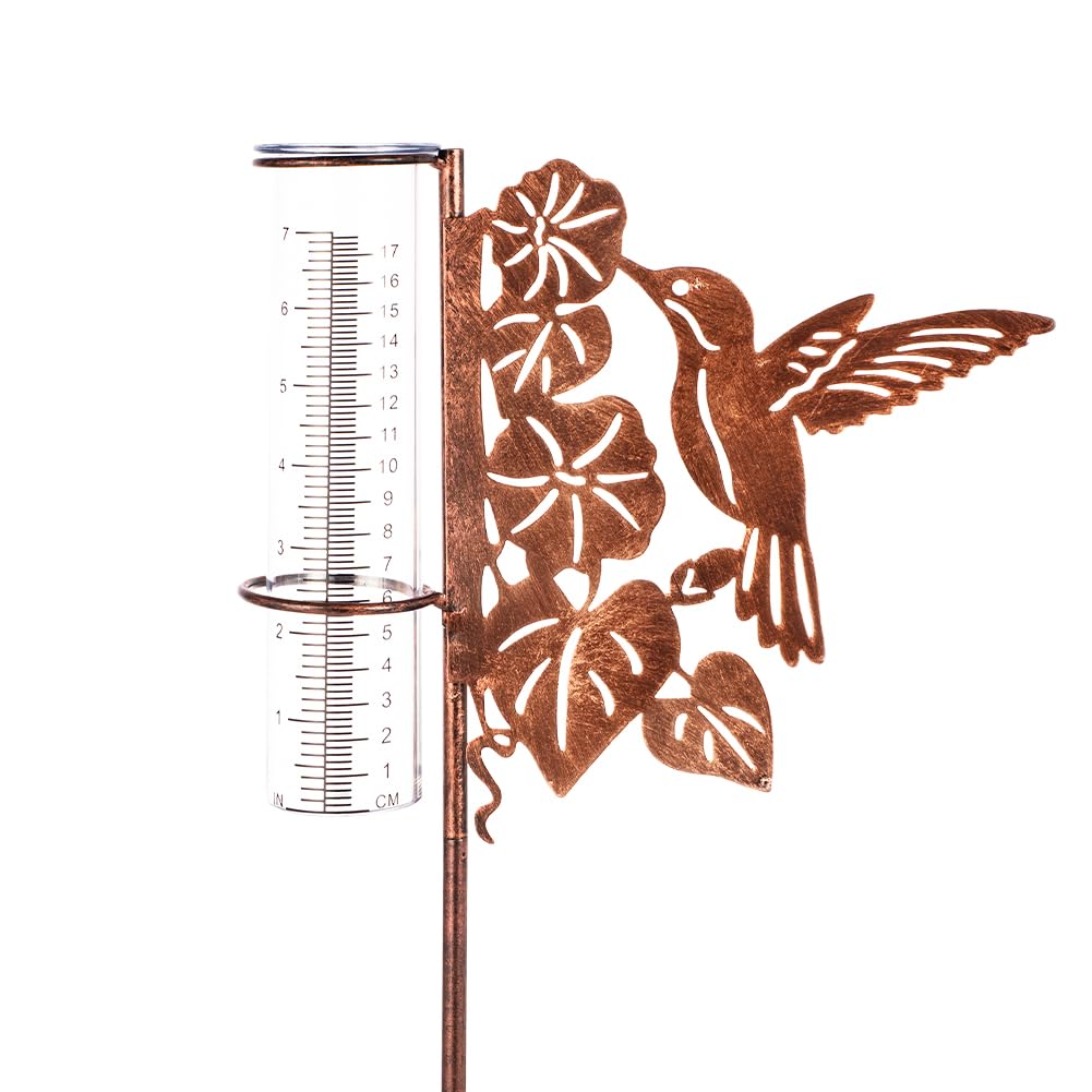 HOBYLUBY hummingbird rain gauge outdoors, tall 35 inches, decorative and functional.