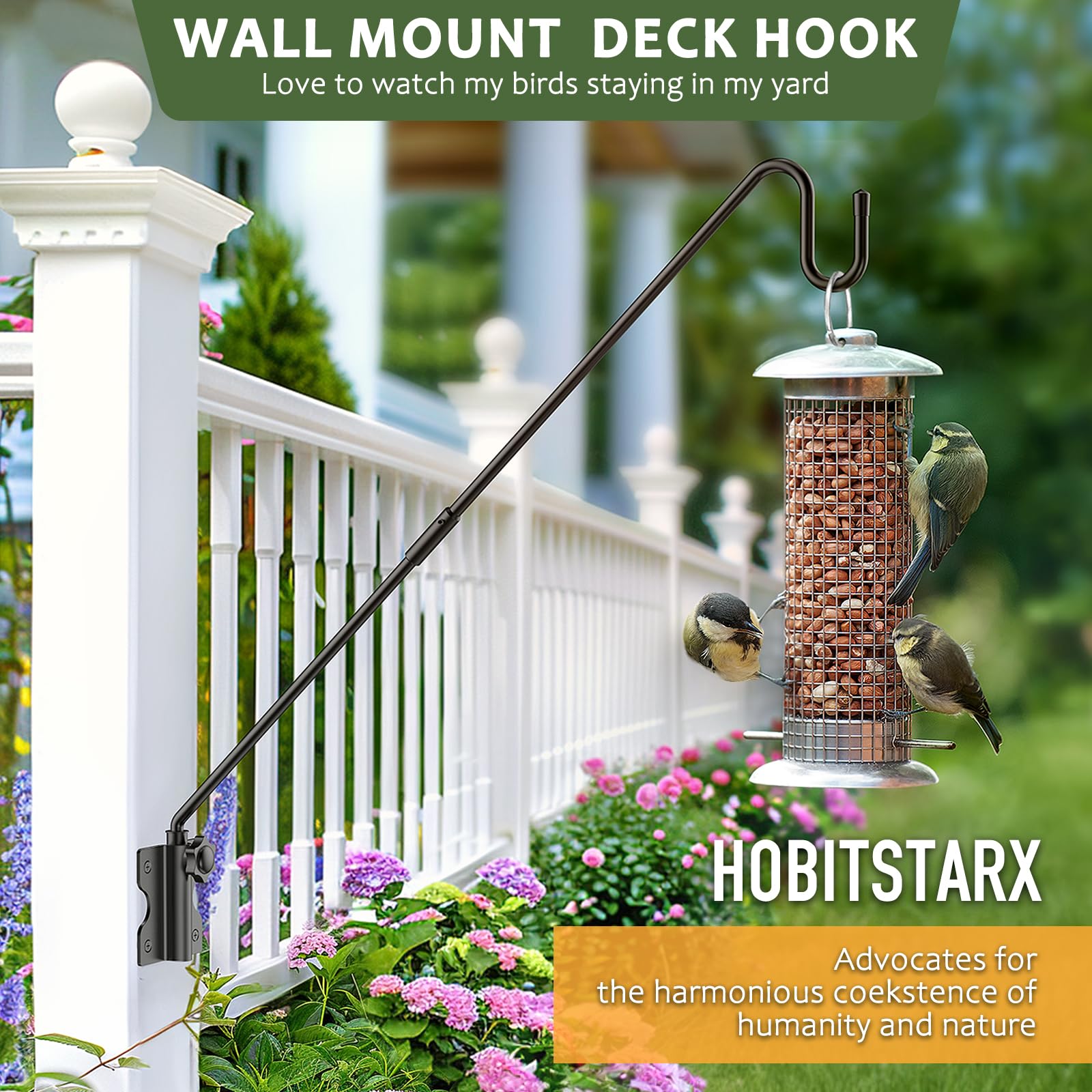 HOBITSTARX bird feeder hanger on railing demonstrates versatile outdoor use.