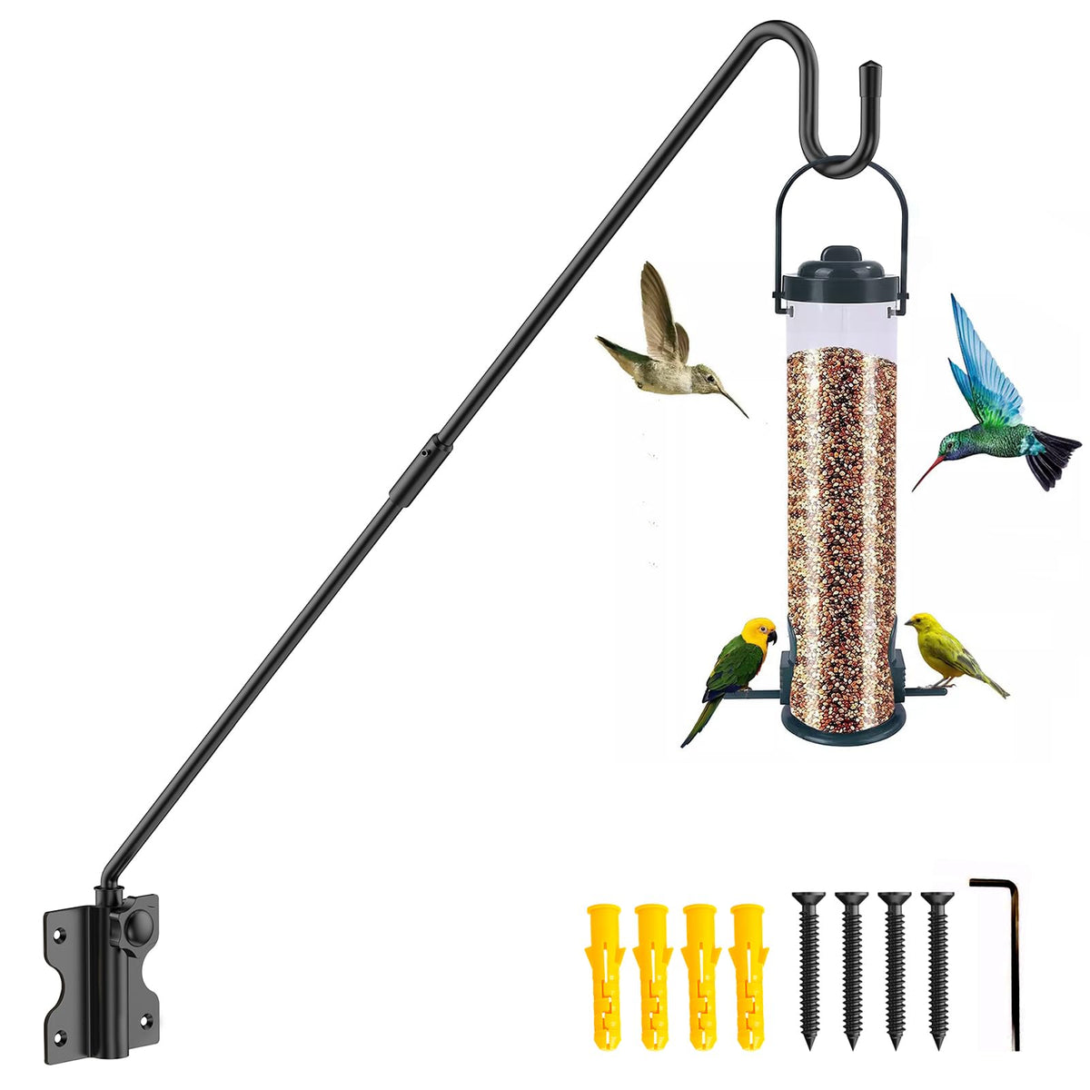HOBITSTARX wall-mount deck hook with 28-inch reach for outdoor bird feeders.