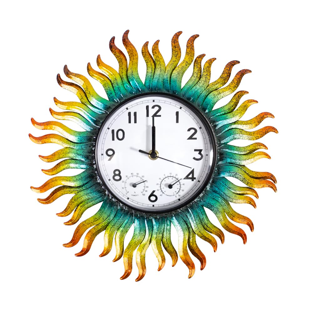 HOBYLUBY 13-Inch sun outdoor clock front view for rustic patio decor.