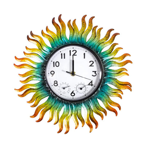 HOBYLUBY 13-Inch sun outdoor clock front view for rustic patio decor.