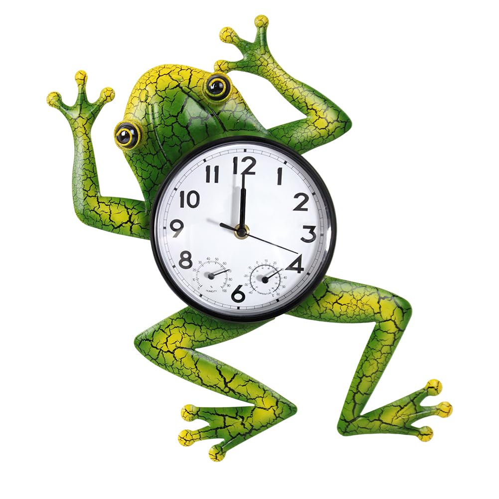 HOBYLUBY frog outdoor clock front view displays time, temperature, and humidity at a glance.