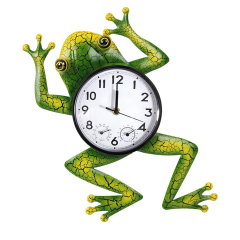 HOBYLUBY frog outdoor clock front view displays time, temperature, and humidity at a glance.