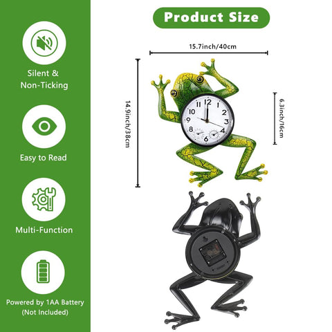 HOBYLUBY frog outdoor clock side view shows quiet no tick operation beside the garden.