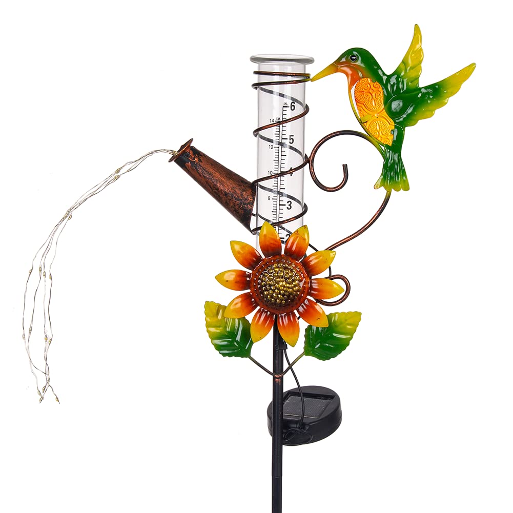 HOBYLUBY rain gauge with hummingbird design enhances garden decor and rainfall tracking.
