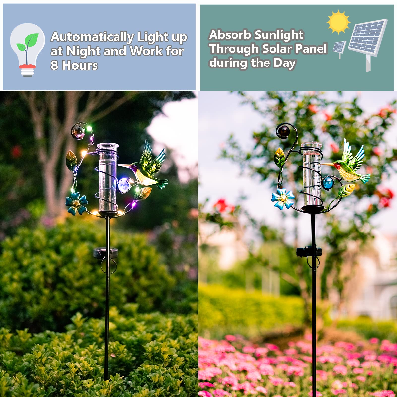 HOBYLUBY solar-powered rain gauge charges by day and lights by night.