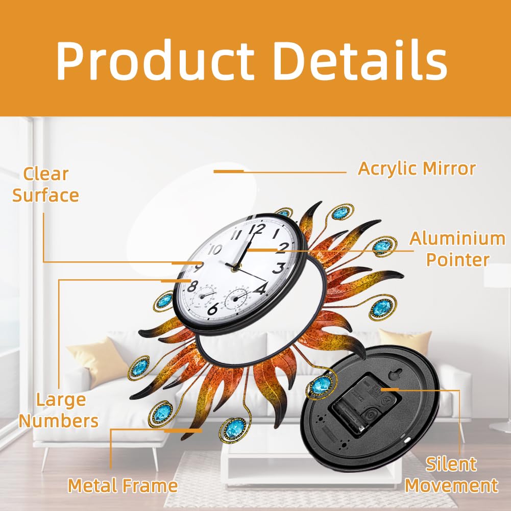 HOBYLUBY outdoor clock shows thermometer and hygrometer for at-a-glance comfort data.