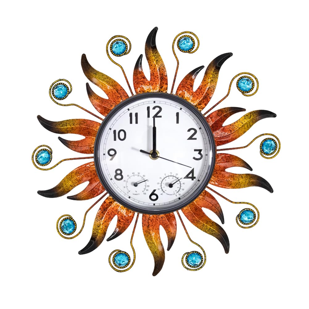 HOBYLUBY sun outdoor clock front view with temperature and humidity readouts.