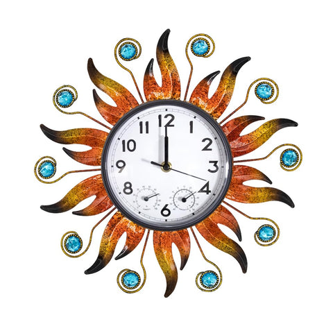HOBYLUBY sun outdoor clock front view with temperature and humidity readouts.