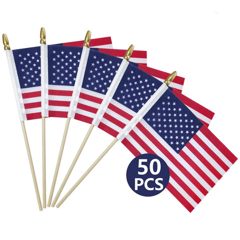 Hocis 50-pack small American flags on sticks for outdoor decor and events.