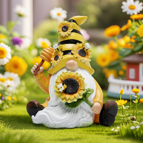Hodao porch and garden gnome display invites guests with bee charm.
