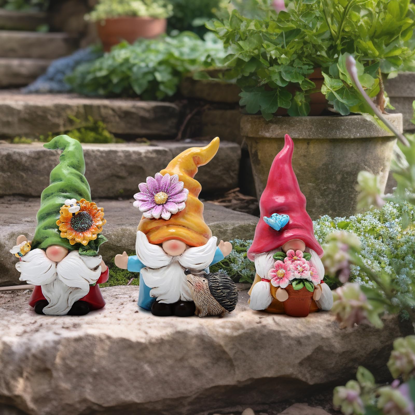 Hodao tiered-tray decor with gnomes brightens shelves and desks.