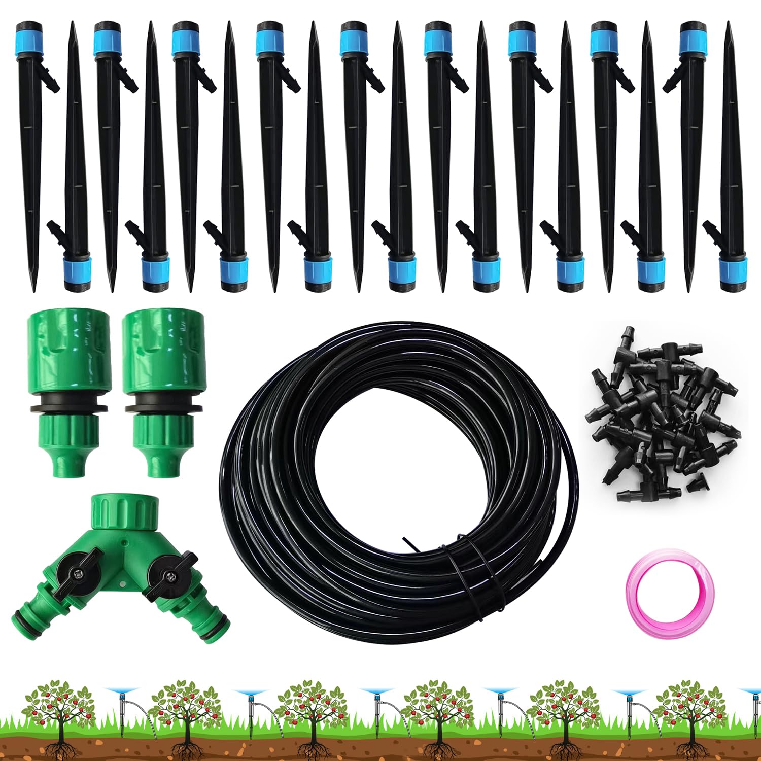 Hodiax drip irrigation emitters adjustable for precise garden watering.