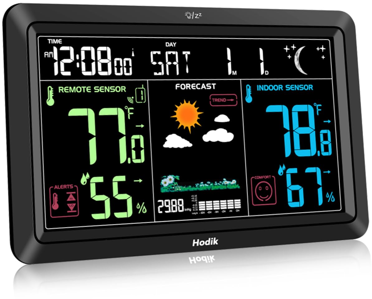 HODIK Weather Station 7.5-inch display shows indoor and outdoor temperature clearly.