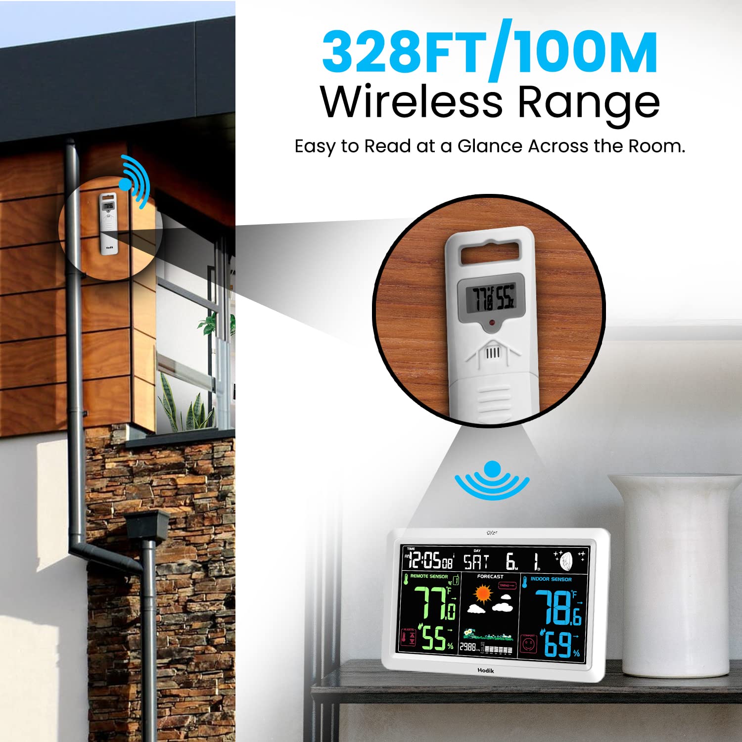 HODIK weather station indoor outdoor thermometer with humidity sensor for real-time readings.