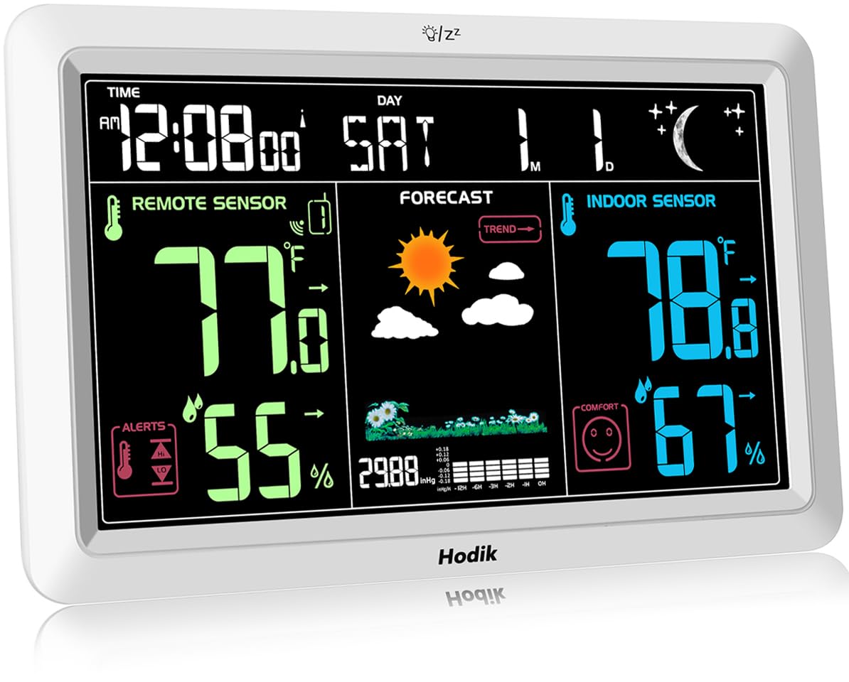 HODIK weather station large display view showing indoor and outdoor temperatures clearly.