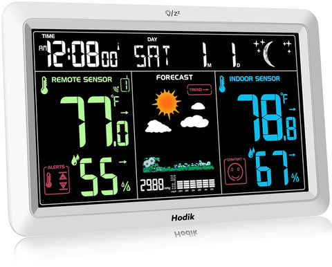 HODIK weather station large display view showing indoor and outdoor temperatures clearly.